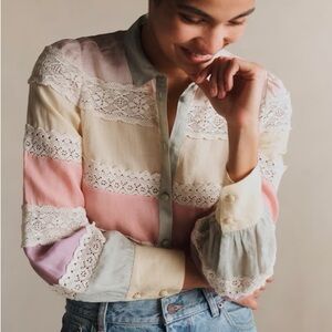 Sezane Claudio Mix Lace Pastel Shirt Blouse NWT